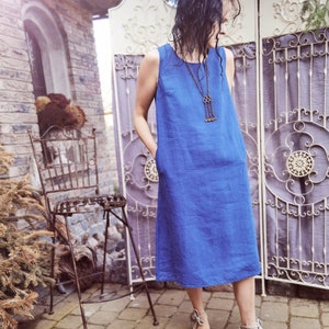 Linen dress | Dress with pockets | Pure heavy natural linen | Sleeveless dress | Blue dress | Midi dress
