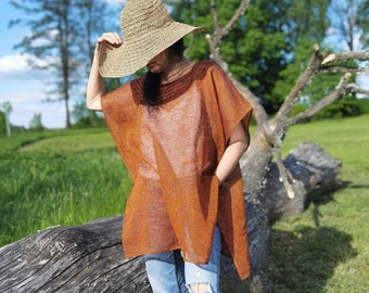 Burnt Orange Color Linen Poncho | Natural linen | Linen top | Linen tunic |  Linen clothing | Shawl cape | Organic linen | Gauze