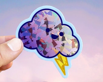 Sparkly Stormcloud sticker  |  Happy Thunder Rain Cloud Lightning Prism Sparkle  |  Shiny Vinyl Die cut Waterproof Sticker | Laptop Decal