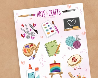 May include: A sticker sheet with a variety of arts and crafts themed illustrations. The sheet includes images of paintbrushes, paint palettes, yarn, a sewing needle, a sketchbook, a rainbow, a paintbrush, a pencil, a glue bottle, a pencil case, a chalkboard, and a needlepoint hoop.