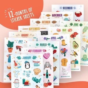 Hojas de pegatinas mensuales, pegatinas para calendarios y diseños de temporada.
