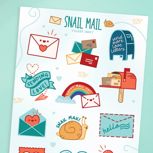 Snail Mail Sticker Sheet | Post Office Love Letters Stamp Sending Cute Mailbox Rainbow | Bullet Journal | Vinyl Stickers