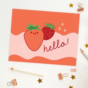 Hello Strawberries Postcard | Cute Happy Fruit Note | Snail Mail Card | Strawberry Greeting