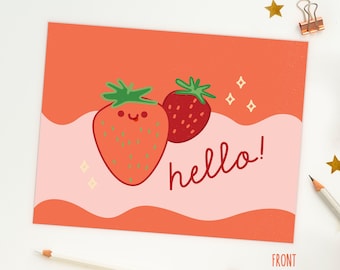 Hello Strawberries Postcard | Cute Happy Fruit Note | Snail Mail Card | Strawberry Greeting