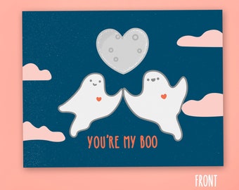 You're My Boo Postcard | Cute Ghosts Note | Snail Mail Card | Halloween Love Ghost Spooky Soulmates | Heart Moon