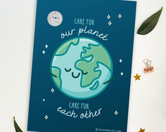 Happy Earth Art Print, Care for Planet, 5x7 Small Wall Art