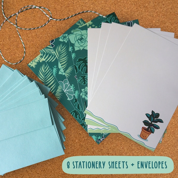 Happy Houseplants Stationery Set of 8 | Cute Plants Sheets | Snail Mail | Plant Gift Greeting | Note Pack with Envelopes