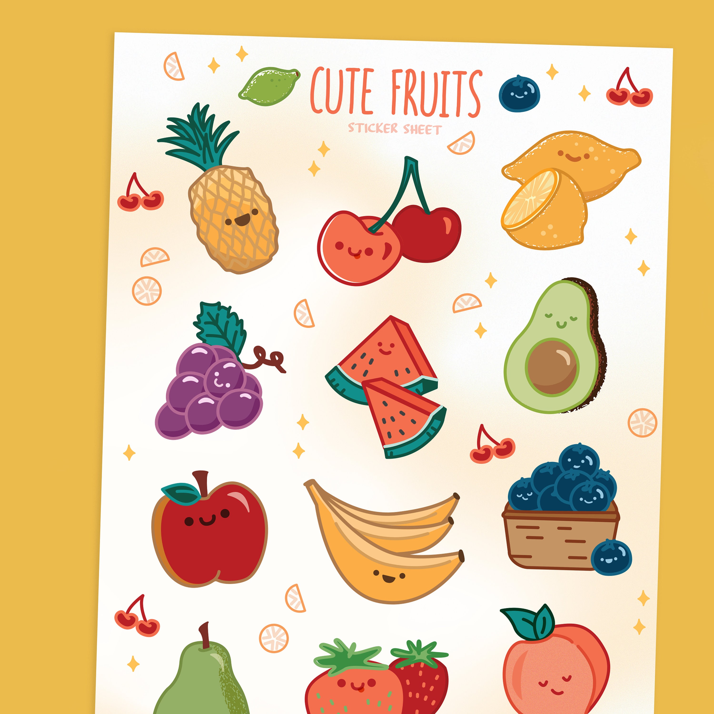 Cute Fruits Sticker Sheet Bright Happy Adorable Fruit Etsy