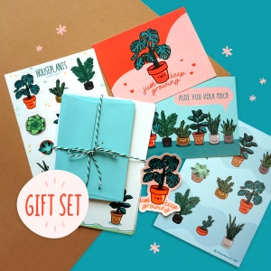 Happy Houseplants Gift Set | Plant Lover Stationery Pack | Stickers Art Postcards Monstera | Snail Mail