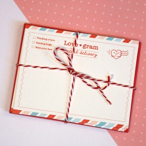 May include: A set of blank cards with a red, white, and blue border. The cards are tied together with a red and white twine. The cards have the text "Love gram special delivery" and a cartoon heart with wings. The cards have checkboxes with the text "Thinking of you", "Sending hugs", and "Miss your face".