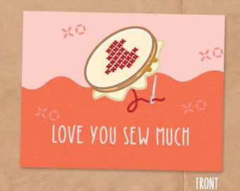 Love You Sew Much Postcard | Craft Note | Snail Mail Card | Cute Puns XOXO | Embroidery Stitching Pun