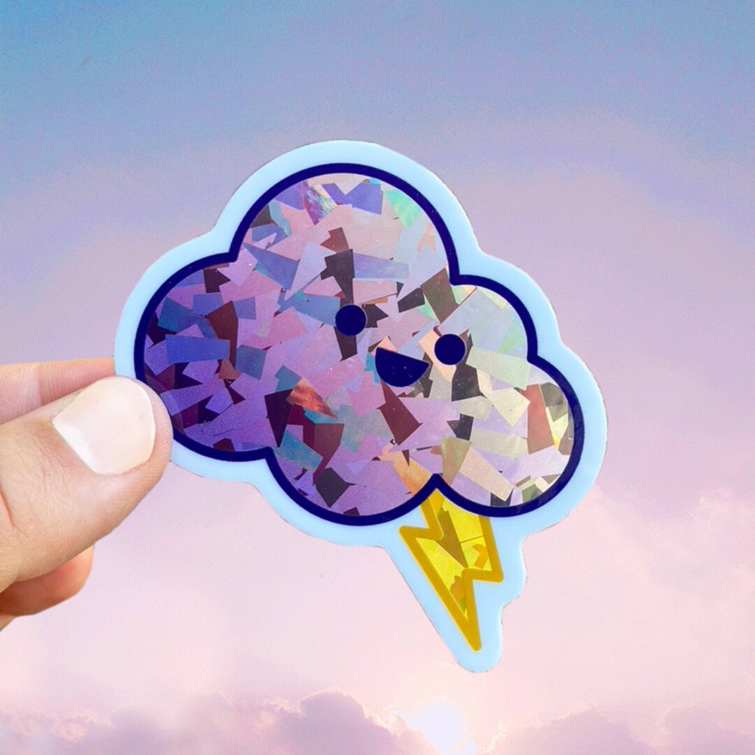 Thundercloud Sticker Sparkly Stormcloud sticker Happy Thunder Rain Cloud Lightning Prism ...