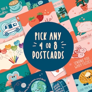 Pick Any 4 or 8 Postcards | Cute Postcard Set | Snail Mail Card Pack | Love Notes | Send More Love Cards | Puns | Pun Art | Valentine's Day