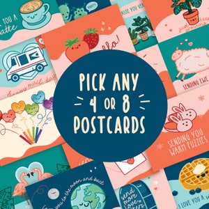 Pick Any 4 or 8 Postcards | Cute Postcard Set | Snail Mail Card Pack | Love Notes | Send More Love Cards | Puns | Pun Art | Valentine&#39;s Day