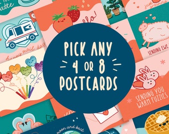 Pick Any 4 or 8 Postcards | Cute Postcard Set | Snail Mail Card Pack | Love Notes | Send More Love Cards | Puns | Pun Art | Valentine's Day