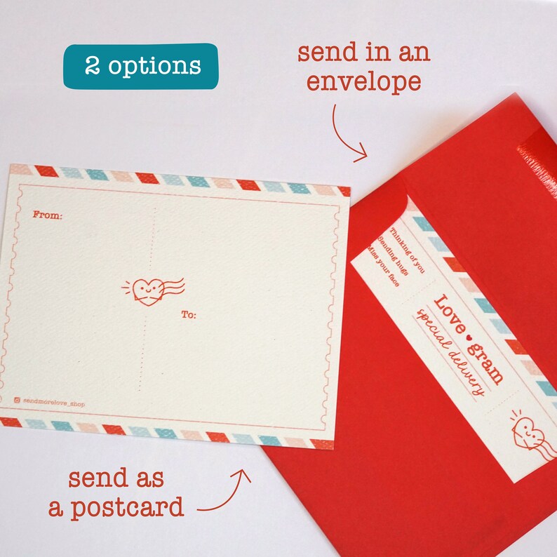 May include: A red envelope with a white and pink striped border and the text "Love gram special delivery" on it. A white postcard with a red and blue striped border and a small heart with wings illustration is shown next to the envelope. The text "send as a postcard" is below the postcard and the text "send in an envelope" is above the envelope.
