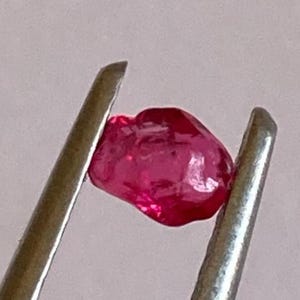 May include: A vibrant, raw ruby gemstone, held by silver tweezers. The ruby is a deep, saturated red color with a slightly irregular shape. The tweezers are in sharp focus, highlighting the gem's texture and color.
