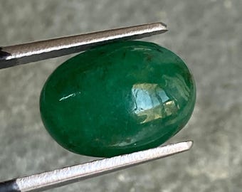 Pode incluir: Uma gema verde esmeralda, de forma oval, é segurada por uma pinça prateada. A pedra polida tem uma superfície lisa e brilhante, que reflete a luz. A gema é de uma cor verde profunda e rica.