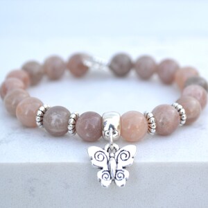 Peach Moonstone Bracelet: Natural Gemstone with Butterfly Charm