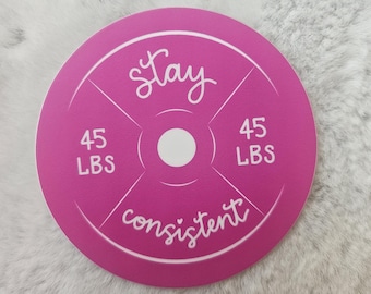Gym Girl Sticker, Pink Barbell Sticker, Gym Motivation Sticker, Waterbottle Sticker, Stay Consistent 45 lb barbell, Weight Sticker