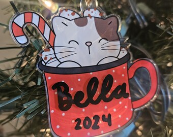 Custom Cat Name Hot Cocoa Ornament, Personalized Christmas Decoration for Cat Lovers, Cat Christmas gift, Cat Mom Gift, Cute Acrylic Cat