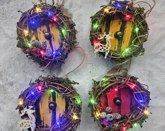 Lighted Fairy Door Ornament, Hand Painted Wood Slice Fantasy Door, Mini Woodland Christmas Ornament