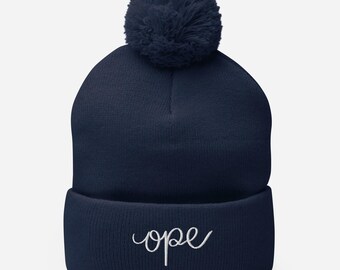 Ope Pom Pom Beanie, Midwest Winter Hat, Embroidered Knit Beanie, Cozy Pom Beanie, Funny Midwestern Gift