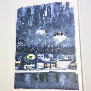 Original--aquarela--cartão--Nevado--Natal--blues--em-branco--dentro--feriado--inverno--neve--cena