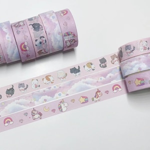 3 rouleaux de ruban adhésif Washi | Licorne, chaton, nuages | agenda, décoration, journal, scrapbooking | Rose et violet