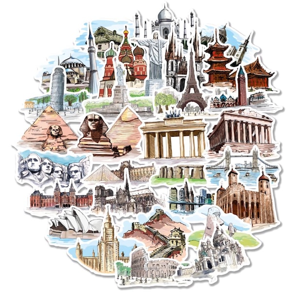 36 PCS World Travel Famous Buildings Stickers Pack | Landmark Stickers | Journaling Diary Stickers | Travel Luggage Decoration