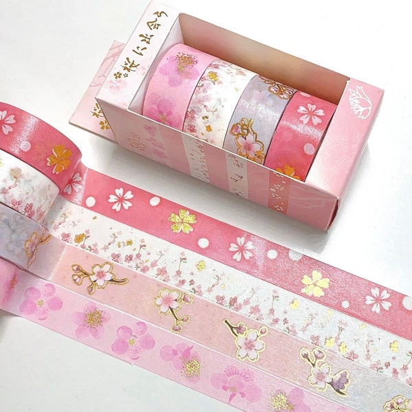 Cherry Blossom Washi Tape Set | Sakura Flowers | Diary, decoration, Journal, Scrapbook | 4 Rolls | Pink