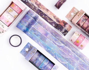 4 Rolls Washi Tape Set | Galaxy, Constellation, Night Stars | Diary, Journal, Decoration | Blue, Brown