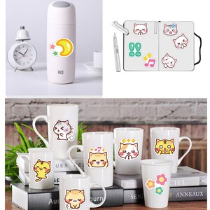 May include: A set of colorful cat stickers with different expressions. The stickers are on a white background and feature a variety of poses, including a cat with a musical note, a cat with stars, and a cat with a moon. The stickers are perfect for adding a touch of whimsy to your planner, laptop, or water bottle.