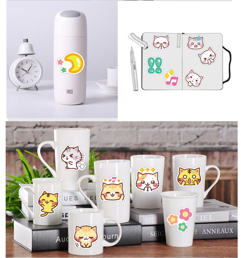May include: A set of colorful cat stickers with different expressions. The stickers are on a white background and feature a variety of poses, including a cat with a musical note, a cat with stars, and a cat with a moon. The stickers are perfect for adding a touch of whimsy to your planner, laptop, or water bottle.