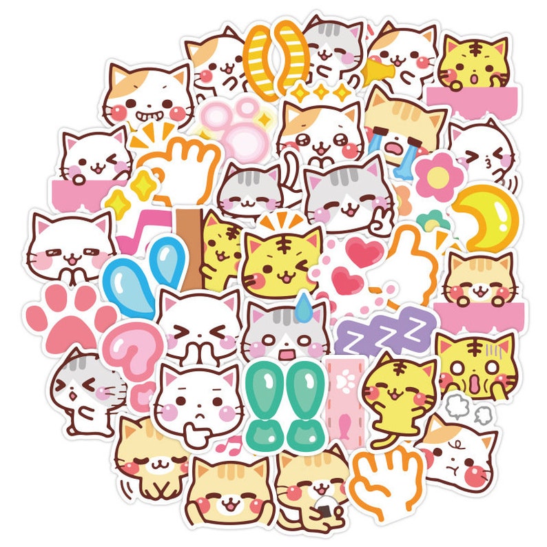May include: A collection of colorful cat stickers with various expressions and poses. The stickers feature a variety of designs, including paw prints, hearts, stars, and moons.