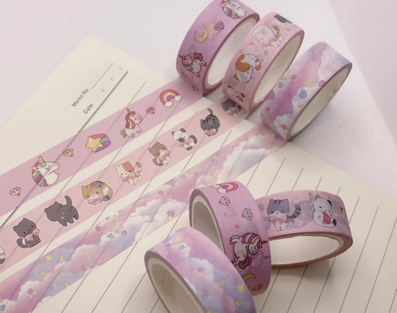3 Rolls Cute Washi Tape Set Unicorn, Kitten Cat, Clouds Diary