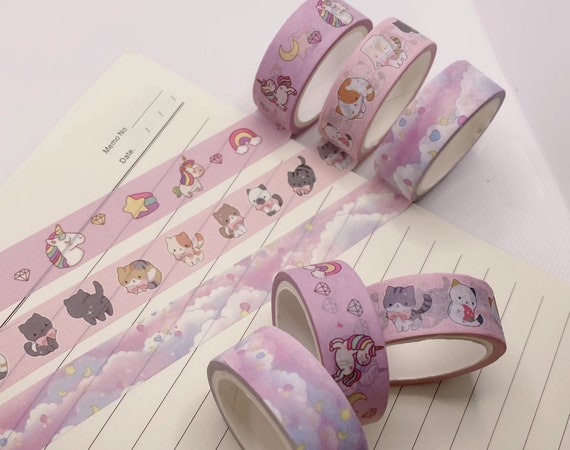 3 Rolls Cute Washi Tape Set Unicorn, Kitten Cat, Clouds Diary, Decoration,  Journal, Scrapbook Pink & Purple 