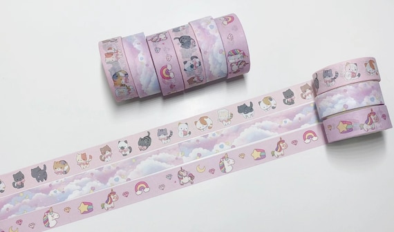 3 Rolls Cute Washi Tape Set Unicorn, Kitten Cat, Clouds Diary