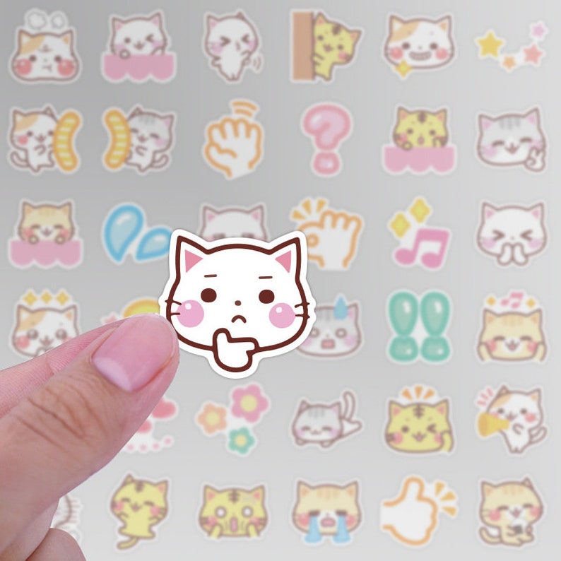 May include: A white cat sticker with a pink blush and a thoughtful expression. The sticker is surrounded by other cat stickers with various expressions and designs.