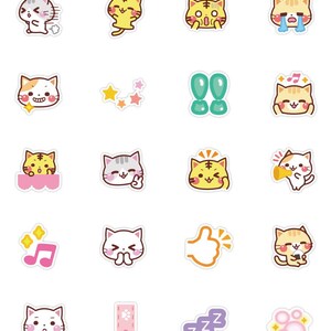 May include: A set of 16 colorful cat stickers with various expressions and actions, including a cat running, a cat with stars, a cat with a thumbs up, and a cat sleeping. The stickers are perfect for adding a touch of whimsy to your planner, laptop, or phone.