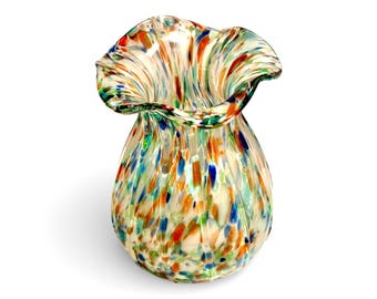 Art Glass Vase, Flower Vase, Ruffle Rimmed Glass Vase, Hand Blown Art Glass Vase, Speckle Colored Confetti Vase