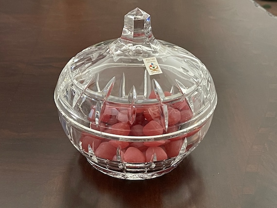 Poltar Crystal Lidded Candy Dish, Boxed 24% Lead Crystal Bowl with Starburst Cut, Czech Bohemian Crystal Gift, Crystal Candy Bowl BOXED