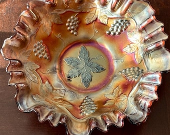 Carnival Art Glass Ruffled Bowl, Fenton Marigold Hand Blown Glass, Art Glass Gift, Carnival Decorative Glass, Candy Fruit Bowl, Fall Decor,