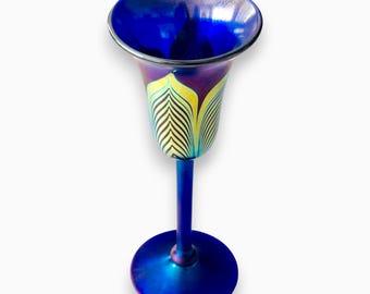 Vintage Cobalt Blue Art Glass Vase Decorative Studio Glass Iridescent Signed Steven Correia Pulled Feather, Collectible Correia Art Glass