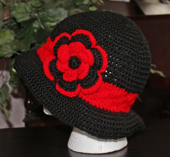 Hand Crocheted Chic Floppy Sun Hat With Flower--black & Red 