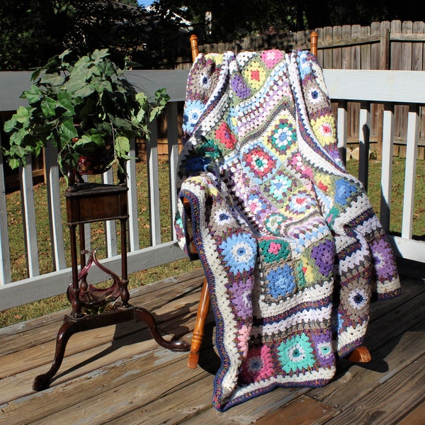 Hand-Crocheted Classic Multi-Colored Granny Stitch Afghan Throw--63x63--Brand New