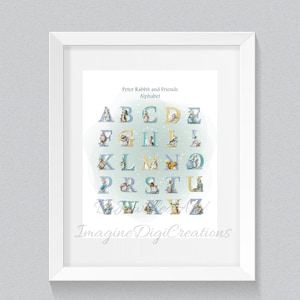 May include: A blue and green alphabet chart featuring Peter Rabbit and his friends. Each letter is decorated with a different character from the book series. The chart has a light blue background with white snowflakes.