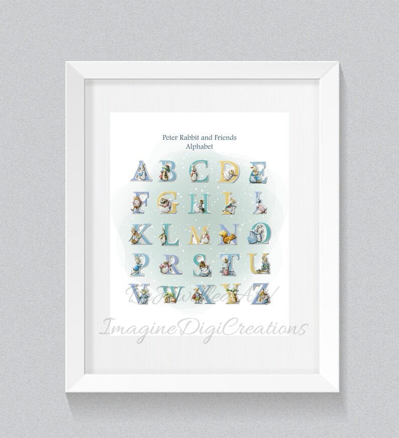 May include: A blue and green alphabet chart featuring Peter Rabbit and his friends. Each letter is decorated with a different character from the book series. The chart has a light blue background with white snowflakes.