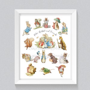 K&ouml;nnte beinhalten: Ein wei&szlig; gerahmter Druck mit einer Sammlung von Illustrationen von Peter Rabbit und seinen Freunden. Der Druck enth&auml;lt Figuren wie Peter Rabbit, Benjamin Bunny, Mrs. Tiggy-Winkle und Mr. Tod. Der Titel des Drucks lautet "Peter Rabbit and Friends".