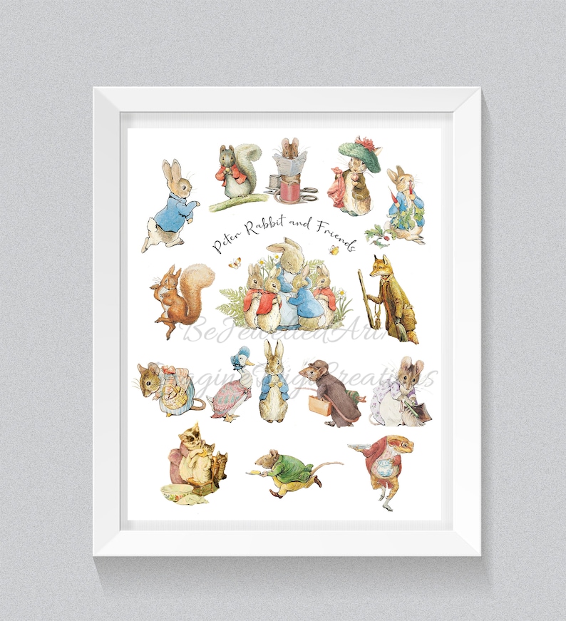 K&ouml;nnte beinhalten: Ein wei&szlig; gerahmter Druck mit einer Sammlung von Illustrationen von Peter Rabbit und seinen Freunden. Der Druck enth&auml;lt Figuren wie Peter Rabbit, Benjamin Bunny, Mrs. Tiggy-Winkle und Mr. Tod. Der Titel des Drucks lautet "Peter Rabbit and Friends".